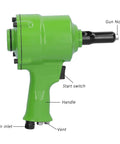 Pro Japanese Style Pneumatic Nail Puller And Air Riveting Machine KP 705P side view highlighting green body, gun nozzle, and handle.
