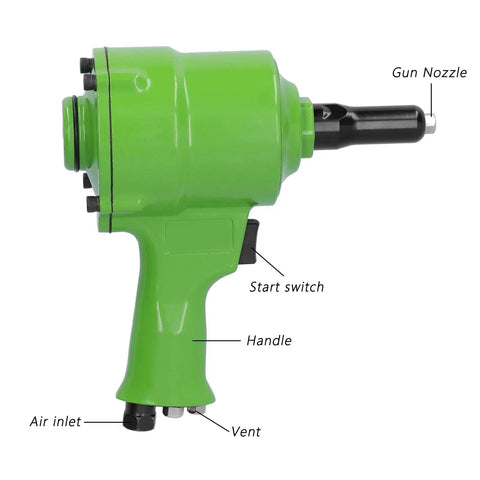 Pro Japanese Style Pneumatic Nail Puller And Air Riveting Machine KP 705P side view highlighting green body, gun nozzle, and handle.