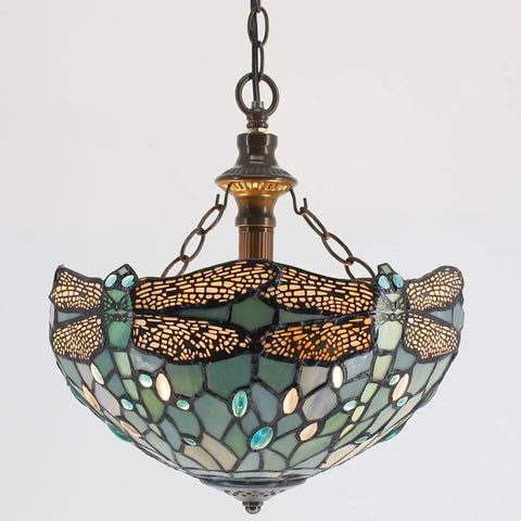 Sea Blue Stained Glass Dragonfly Tiffany Pendant Light Plug In 12 Inch Hanging Lamp with dragonfly design