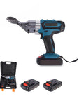Fafeicy 21V Cordless Electric Metal Shears With Led Light And Variable Speed shown with dual batteries and carrying case.