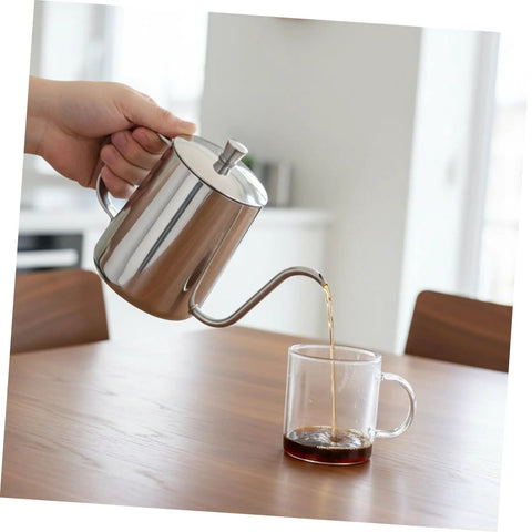 Pouring coffee from a Smooth Pour Long Spout Coffee Kettle With Lid Stainless Steel Tea Pot for home brewing.