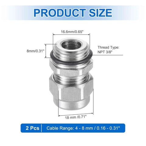 Three Eighths Inch NPT Cable Glands IP68 Waterproof Strain Relief Cord Grip Connector stainless steel product size details