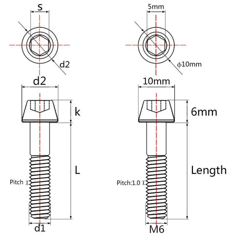 Technical diagram of Titanium M6x45mm Hex Socket Cap Screw DIN 912 Black 6AL4V Ti Bolt with 1mm pitch and tapered head