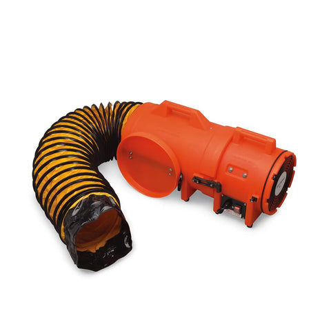 Beefy Industrial Com-Pax-Ial Blower Kit with canister, orange polyethylene housing, 8in x 25ft duct, 831 CFM, 13 HP, 115 VAC fan