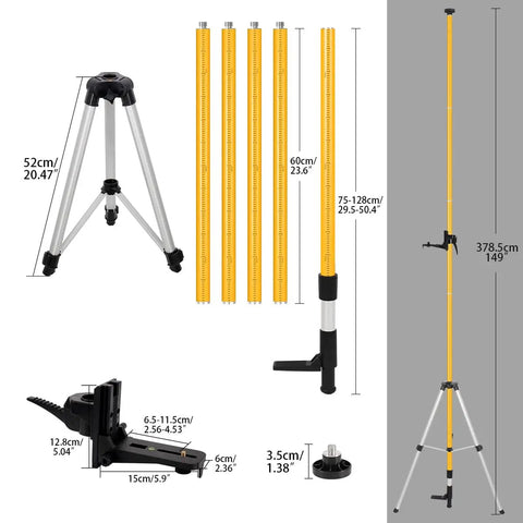 Beefy Telescoping Laser Level Pole With Tripod For Construction Reaches Twelve Feet Three Point Seven Meters Includes One Quarter Inch By Twenty Inch Laser Mount And Five Eighths Inch Adapter Nut Class Two Low Power Under One Milliwatt, showing components and measurements