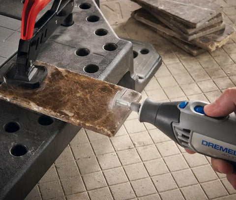 Diamond Cut Off Wheel With Mandrel For Rotary Tools, 7/8 Inch Diameter cutting marble tile on workbench