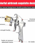 Heavy Duty Four Gallon Air Pressure Paint Pot With Adjustable Pressure Gauge And Two Millimeter Tip For Slick Smooth Finishes On Large Workshop Jobs Without Any Hustle, showing detailed airbrush design.