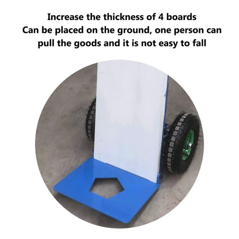 Lightweight Electric Hand Truck Stair Climber With Brushless Motor Handles Heavy 170 Kg Loads And Smoothly Descends Stairs Without Any Hassle Or Manual Effort, showing blue loading platform and durable wheels.