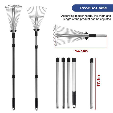 Product size diagram of Adjustable Metal Leaf Rake With Telescoping Handle For Lawn And Garden Cleanup Lightweight Yet Heavy Duty