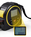 Close-up of 3 In 1 Laser Tape Measure Up To 131 Feet With Lcd Display showing measuring tape and digital readout.