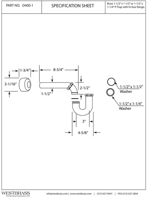 Specification sheet of One And A Half Inch OD 17 Gauge Brass P-Trap With High Box Flange Matte Black Finish Complete P-Trap Set.