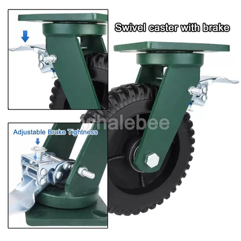 Legit Heavy Duty 6 And 8 Inch Swivel And Fixed Caster Wheels Set Of 4 With Twin Roller Bearings and Locking Brakes for Shop Carts with adjustable brake.