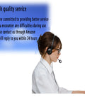 Customer service representative wearing headset and microphone, side view, with blue gradient service banner in background.