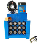 Pro Grade Electric Hydraulic Hose Crimping Machine With 13 Piece Die Set For 0.55 To 2.72 Inch Tubing Includes Foot Switch And 480 Volt 3 Phase Motor for reliable crimping.
