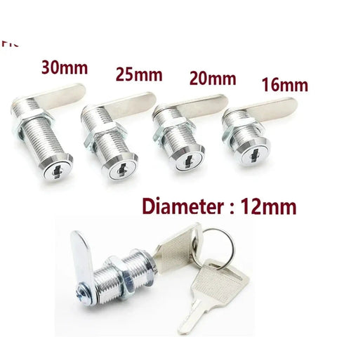 Mini Cam Lock With 2 Keys 12mm Diameter Zinc Alloy For Cabinet And Drawer Furniture, shown with various sizes
