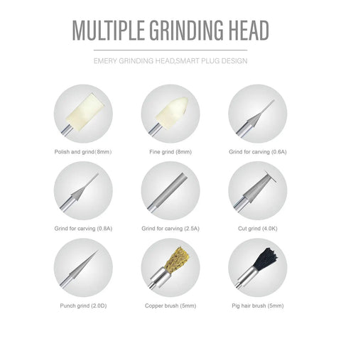 Multiple grinding heads for Handheld Electric Screw Extraction Pen And Mini Grinder, featuring various sizes and uses.
