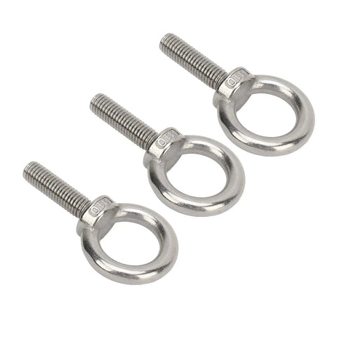 Beefy Stainless Steel Eye Bolts Set For RV And Boat, Heavy Duty Hanger Kit With Washer And Nylon Nut, Easy To Use Lifting Or Hanging Hardware, M10 Size, Ideal For Construction, Vehicles, And Marine Gear, three stainless steel eye bolts