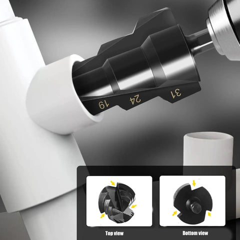 Top Notch 1/2 And 3/4 Inch Internal External Pipe Threading Tool Kit showing threaded cutter in PVC pipe for plumbing use.