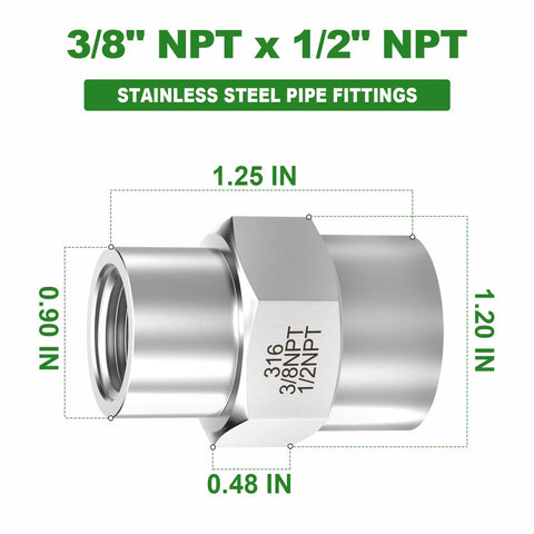 2 Pack Forged 316L Stainless Steel Reducer Coupling One Half Inch NPT Female To Three Eighth Inch NPT Female Pipe Fitting Reducing Adapter
