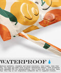 Close-up of Waterproof Wet Bag For Swimsuits And Travel, Large 26x32 Cm With Handle, Orange Strawberry Print with water droplets.
