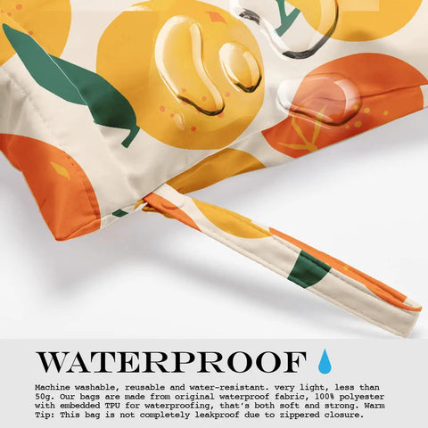 Close-up of Waterproof Wet Bag For Swimsuits And Travel, Large 26x32 Cm With Handle, Orange Strawberry Print with water droplets.