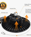 100W UFO LED High Bay Light With 15000 Lumens At 5000K Daylight IP65 UL Approved 5 Foot Cable And US Plug with features