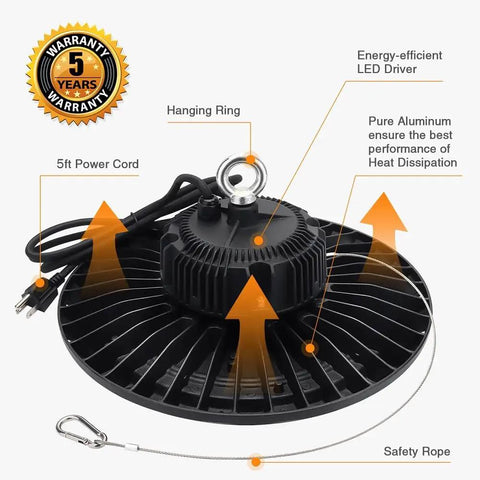 100W UFO LED High Bay Light With 15000 Lumens At 5000K Daylight IP65 UL Approved 5 Foot Cable And US Plug with features