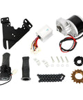 24V 250W Electric Bicycle Motor Kit With 16 Tooth Rear Sprocket For 16 To 28 Inch Tires components including motor, throttle, chain, and mounts.