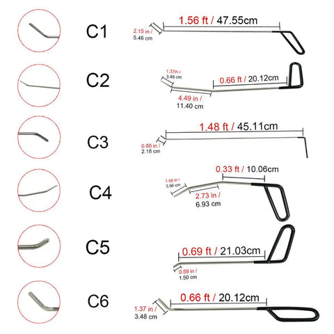 Diagram showing sizes of Professional Paintless Dent Repair Rods Tool Kit 21 Piece Stainless Steel Auto Body Dent Tools