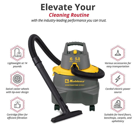 Contractor Wet Dry Vacuum For Jobsite, 6 Gallon Workhorse Powerhouse, 960W, lightweight design with accessories, gray and yellow