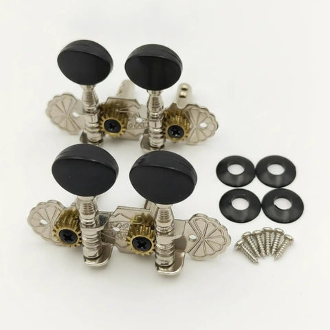 Premium White Ukulele Tuner Pegs And Keys With Smooth Gear Action Compact Metal Alloy Machine Heads Featuring Decorative Plates.