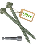 Pack Of Fifty Heavy Duty Wood Structural Screws Green Coated Hex Head Timber And Log Fasteners with Bit, 50 pieces display.