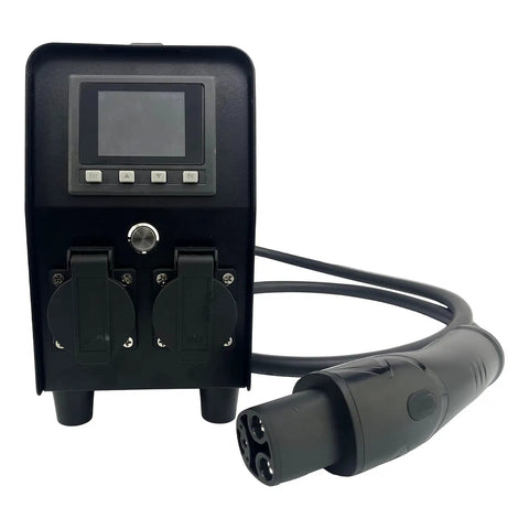 Plug And Play 3KW V2L Power Adapter Gun For Tesla Model 3 Y S X With Clear Lcd Display and dual outlet design for efficient use.