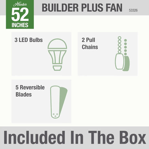Illustration of 52 Inch Indoor Ceiling Fan With LED Lights And Pull Chain, White Finish, showing 3 LED bulbs, 2 pull chains, 5 blades