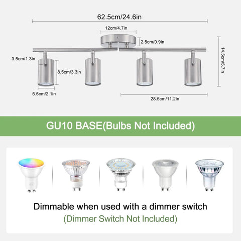 Dimensions and features of 4 Light Brushed Nickel Track Lighting Kit With Adjustable GU10 Heads For Ceiling Install, Modern Foldable Spotlight Fixtures, bulbs not included