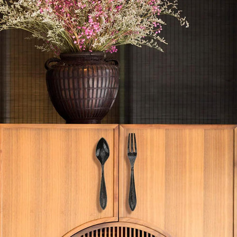 Installed Bronze Kitchen Cabinet Pulls Spoon Knife And Fork Shapes 3 Inch Center To Center Mounting Holes on wooden cabinet