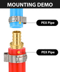 Pack of 10 Foskan 1 x 3/4 in PEX reducing coupling; blue PEX pipe with clamp and red PEX pipe with brass crimp fitting