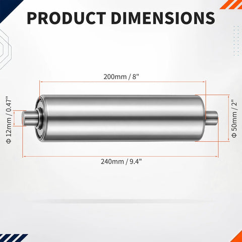 Durable Galvanized Steel Conveyor Rollers, 8 Inch X 2 Inch Diameter, Heavy Duty Replacement Parts For Industrial Warehouse Material Handling Systems, Thickened Shaft Design For Reliable Operation with dimensions displayed.