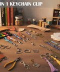 Heavy Duty One Inch Swivel Snap Hooks For Keys And Gear Sixty Pack showing colorful clips and accessories on a crafting table.