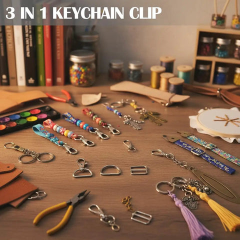 Heavy Duty One Inch Swivel Snap Hooks For Keys And Gear Sixty Pack showing colorful clips and accessories on a crafting table.