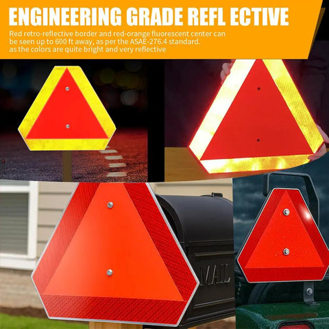 Premium Quality Heavy Duty Aluminum Slow Moving Vehicle Triangle Safety Sign with red-orange reflective center visible.