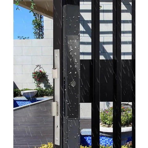 Waterproof Smart Fingerprint Password Biometric Auto Lock for Outdoor Push Pull Sliding Doors Mortise with keypad in rain.