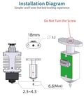 Installation diagram for Upgraded 3D Touch V3.2 Auto Bed Leveling Sensor Kit with 4 mounts, showing dimensions and no-screw warning.