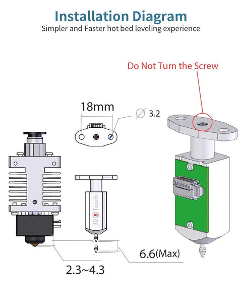 Installation diagram for Upgraded 3D Touch V3.2 Auto Bed Leveling Sensor Kit with 4 mounts, showing dimensions and no-screw warning.
