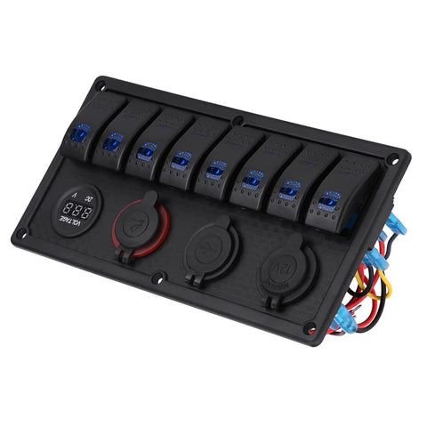 Eight Gang Rocker Switch Panel With Dual USB Outlets And Digital Voltmeter LED 12V 24V Marine Power Hub for vehicles