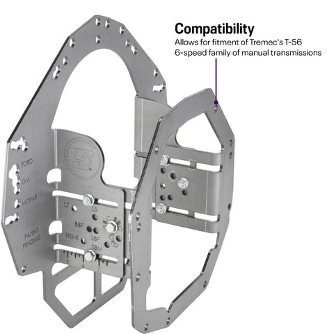 Tremec T-56 Adjustable Mock Up Bellhousing Transmission Fitment Jig With Universal Muscle Car Swap Adapter, metal jig detail.