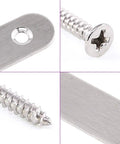 Close-up of screws and stainless steel plate from Stainless Steel Flat Brace Shelf Brackets Kit With Screws Three Size Set 50mm 80mm 100mm for Mending Repair Plates and Fixing Connectors Heavy Duty Metal Shelf Support for Home DIY Garage