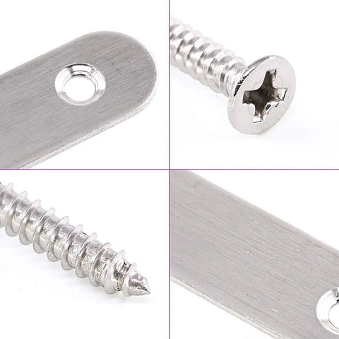 Close-up of screws and stainless steel plate from Stainless Steel Flat Brace Shelf Brackets Kit With Screws Three Size Set 50mm 80mm 100mm for Mending Repair Plates and Fixing Connectors Heavy Duty Metal Shelf Support for Home DIY Garage