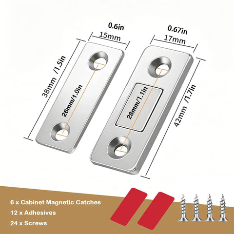 Ultra Thin Magnetic Cabinet Door Catch 6 Pack With Adhesive No Drill Latch For Easy Install Kitchen Cabinets Cupboards Drawers And Closets Nearly Invisible 3.65 mm Slim Silver Magnetic Catch For Smooth Secure Closure dimensions