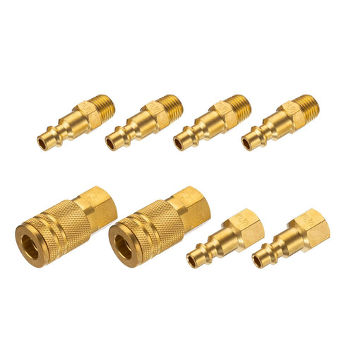 Brass 1/4-inch air hose fittings kit with eight quick-connect adapters and couplers